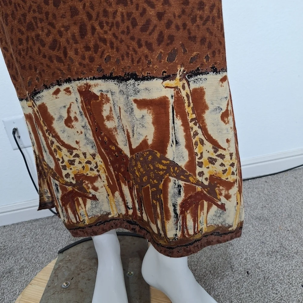 Brown Giraffe Animal Print Linen Boho Bohemian W/Pocket Sleeveless Maxi Dress - Picture 3 of 8
